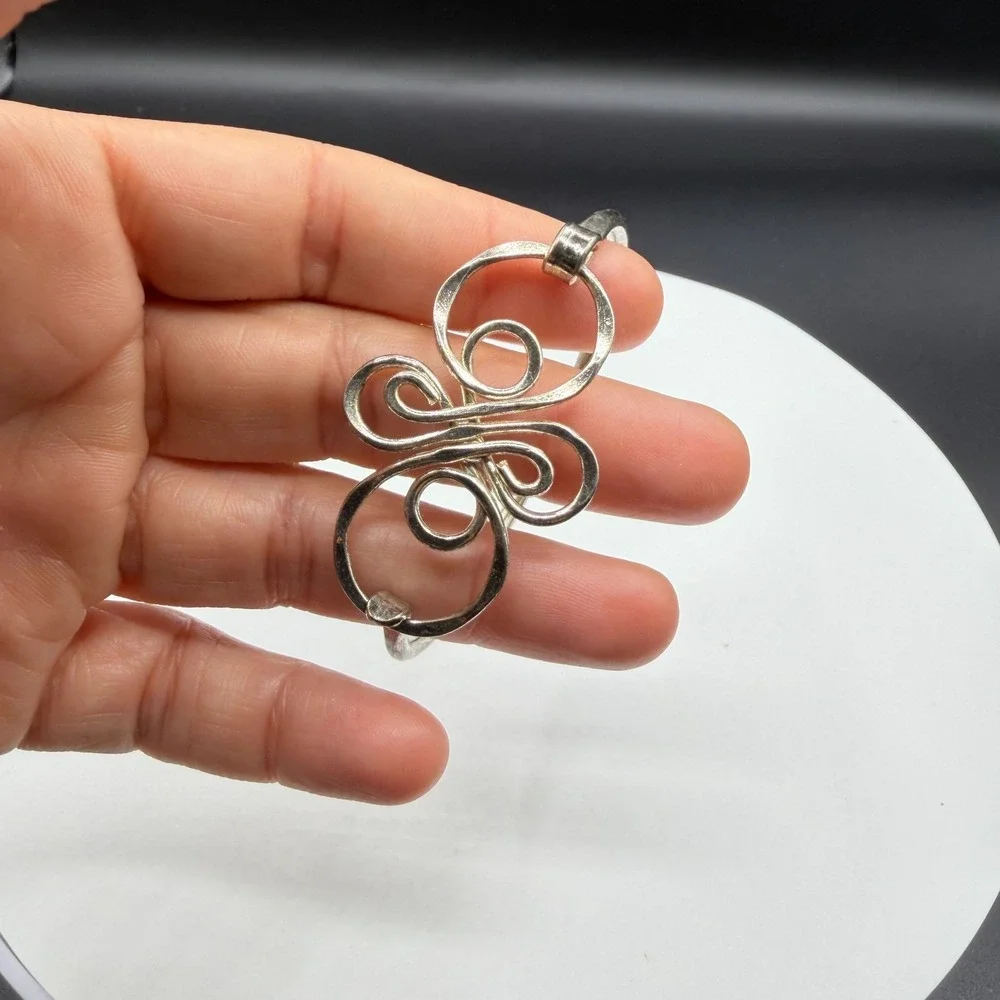 Silver Tone Scrollwork Bangle Bracelet Ornate Wirework Swirl Boho Statement Gift